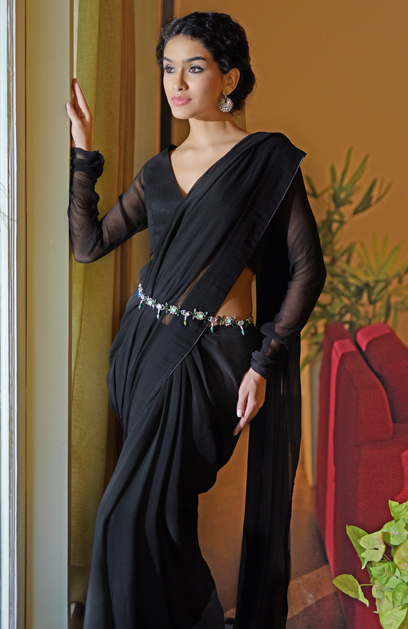Classic Navy Blue Chiffon Saree