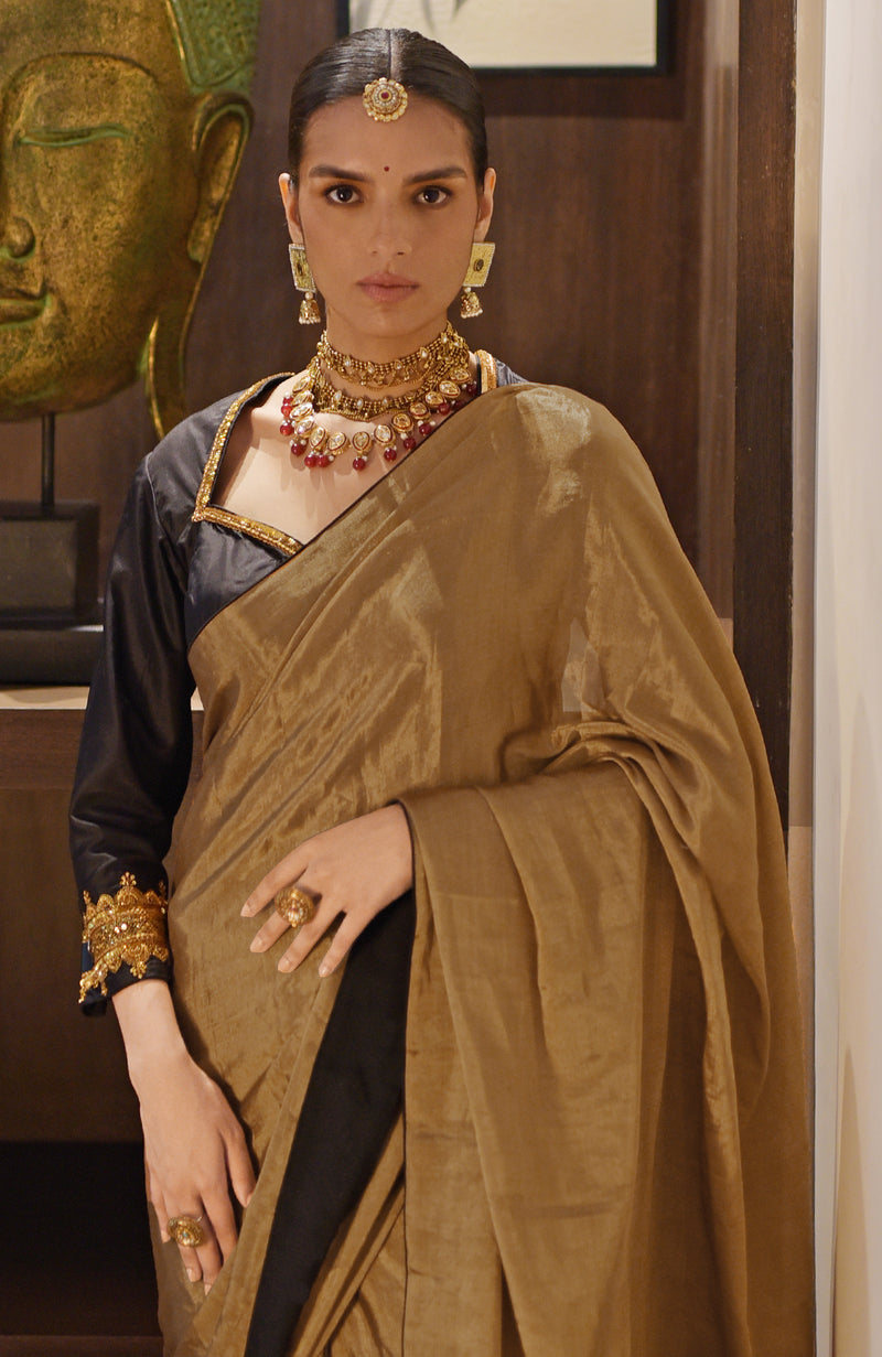 Gold Pure Tissue Saree & Zardozi Embroidered Blouse