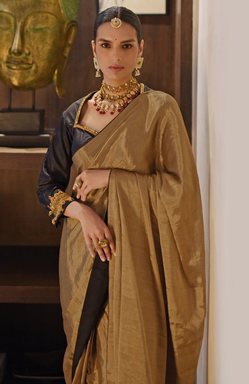 Gold Pure Tissue Saree & Zardozi Embroidered Blouse