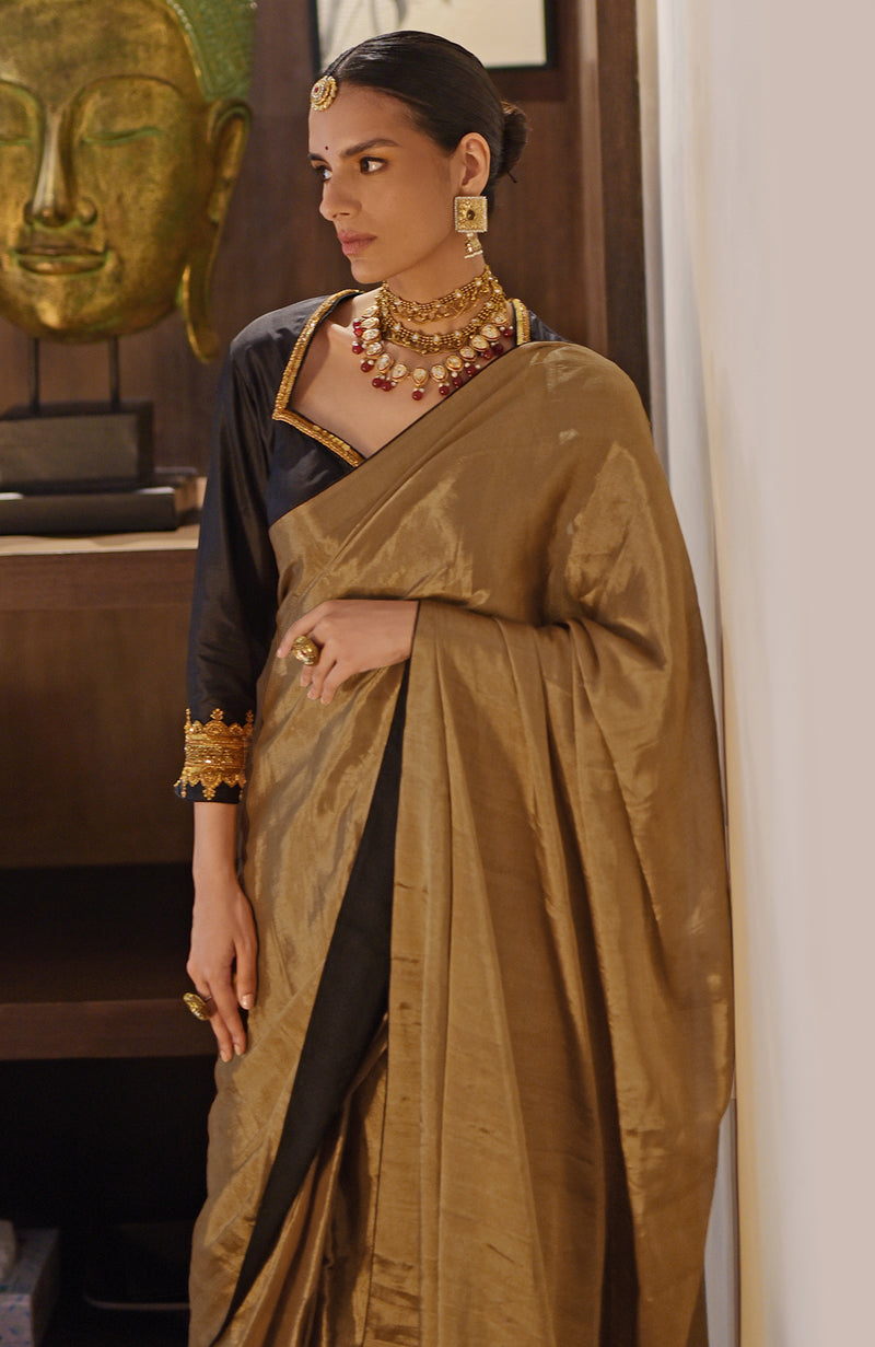 Gold Pure Tissue Saree & Zardozi Embroidered Blouse