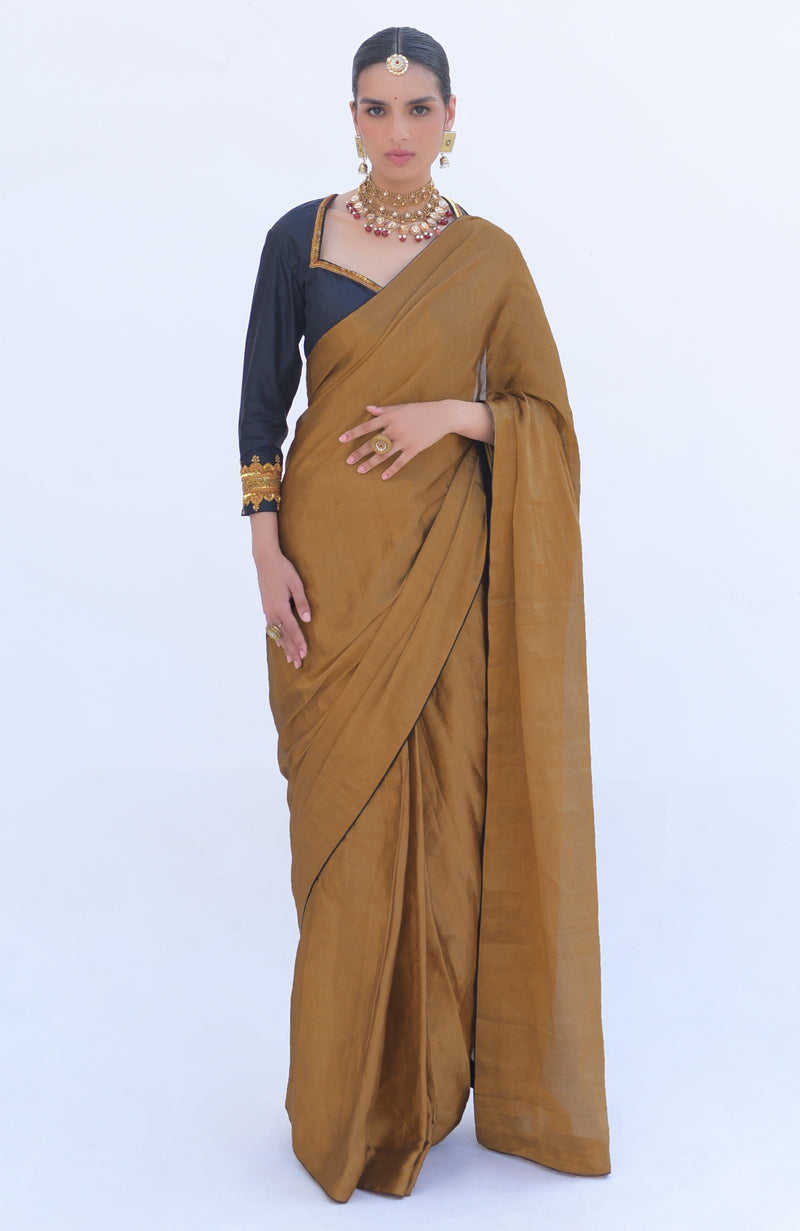 Gold Pure Tissue Saree & Zardozi Embroidered Blouse