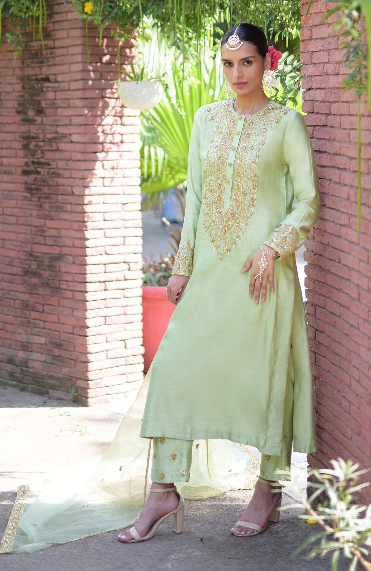 Pista Green Marori Kurta Set - Hand Embroidered Elegance – Talking