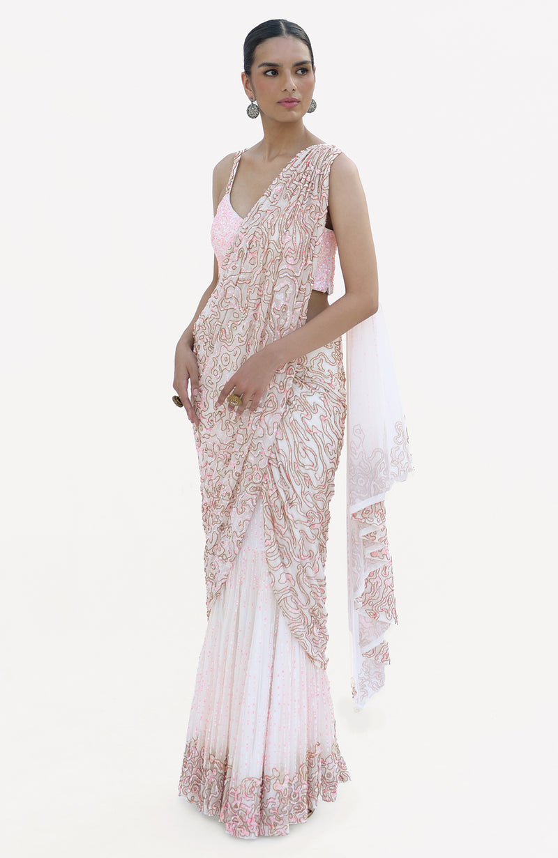 Sea Shells White-Pink Hand Embroidered Draped Saree Set
