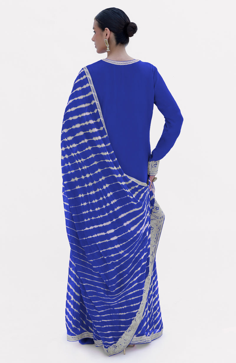 Royal Blue Leheriya Handcrafted Tie Dye & Kashmiri Tilla Sharara Set