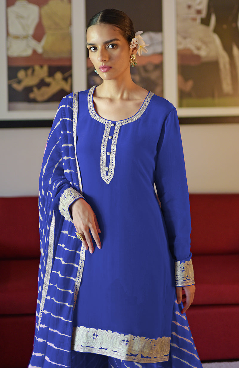 Royal Blue Leheriya Handcrafted Tie Dye & Kashmiri Tilla Sharara Set