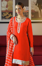 Tomato Red Leheriya Handcrafted Tie Dye & Kashmiri Tilla Sharara Set