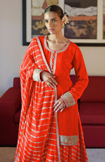 Tomato Red Leheriya Handcrafted Tie Dye & Kashmiri Tilla Sharara Set