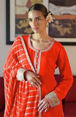 Tomato Red Leheriya Handcrafted Tie Dye & Kashmiri Tilla Sharara Set