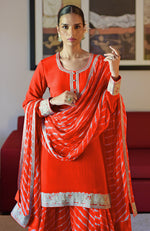 Tomato Red Leheriya Handcrafted Tie Dye & Kashmiri Tilla Sharara Set
