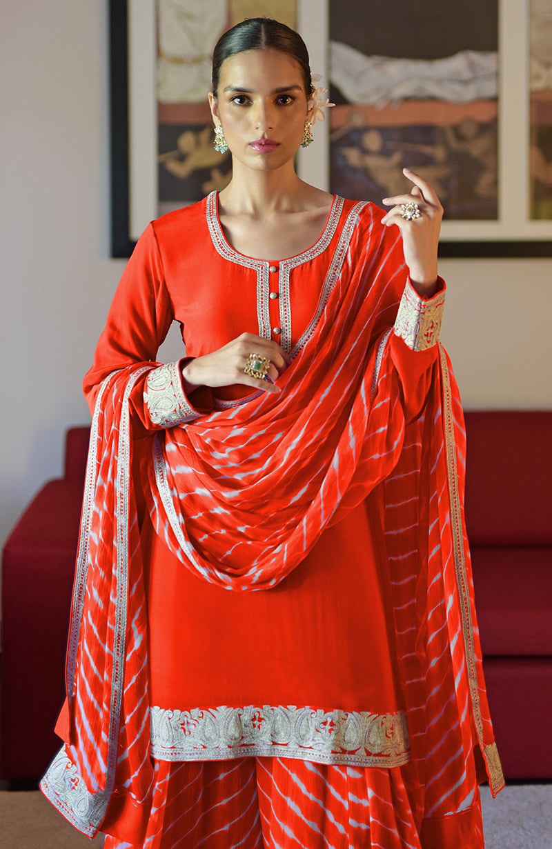 Tomato Red Leheriya Handcrafted Tie Dye & Kashmiri Tilla Sharara Set