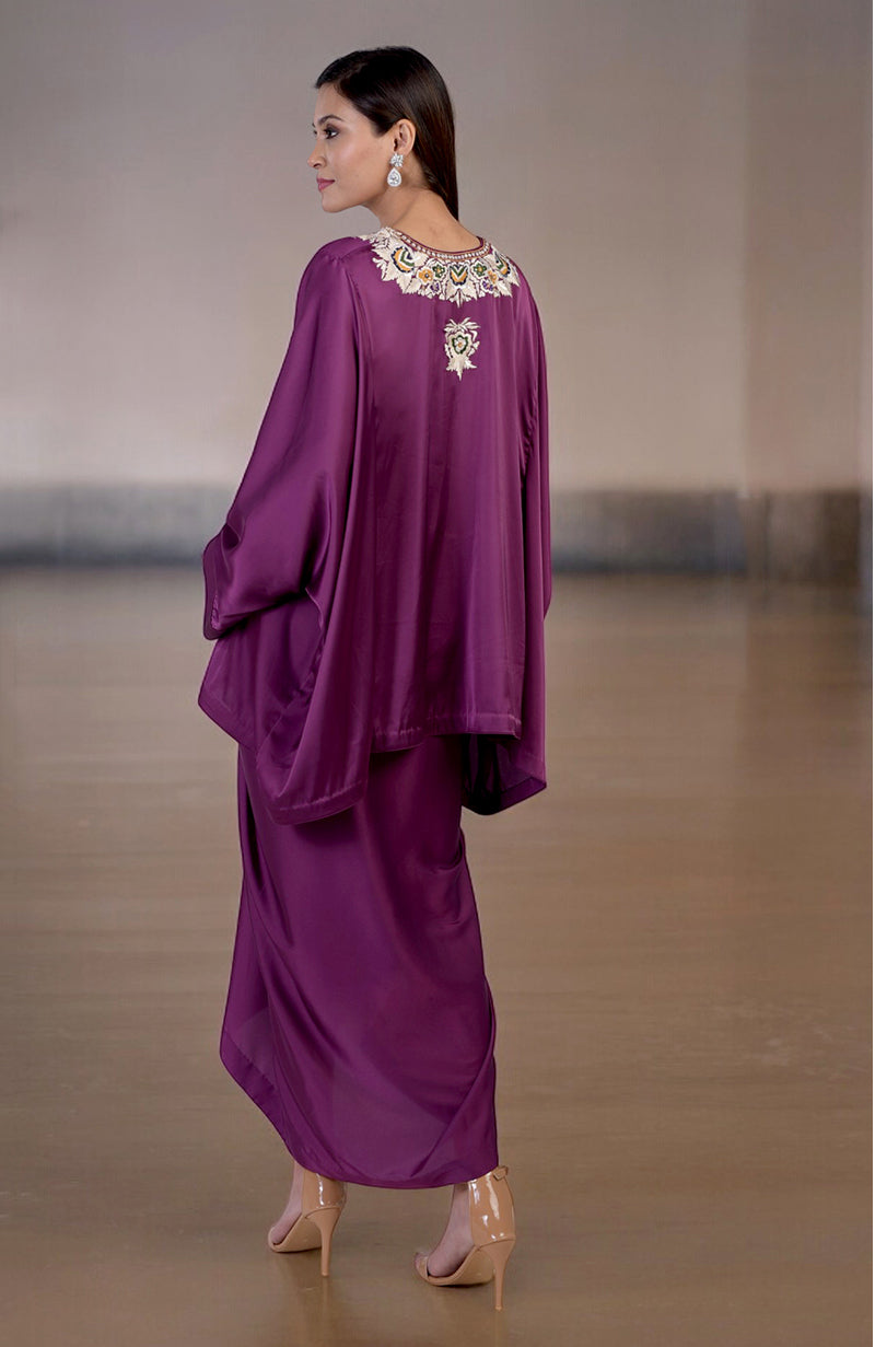 Plum Parsi Gara Embroidered Draped Skirt Set