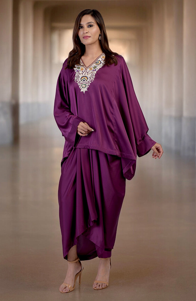 Plum Parsi Gara Embroidered Draped Skirt Set