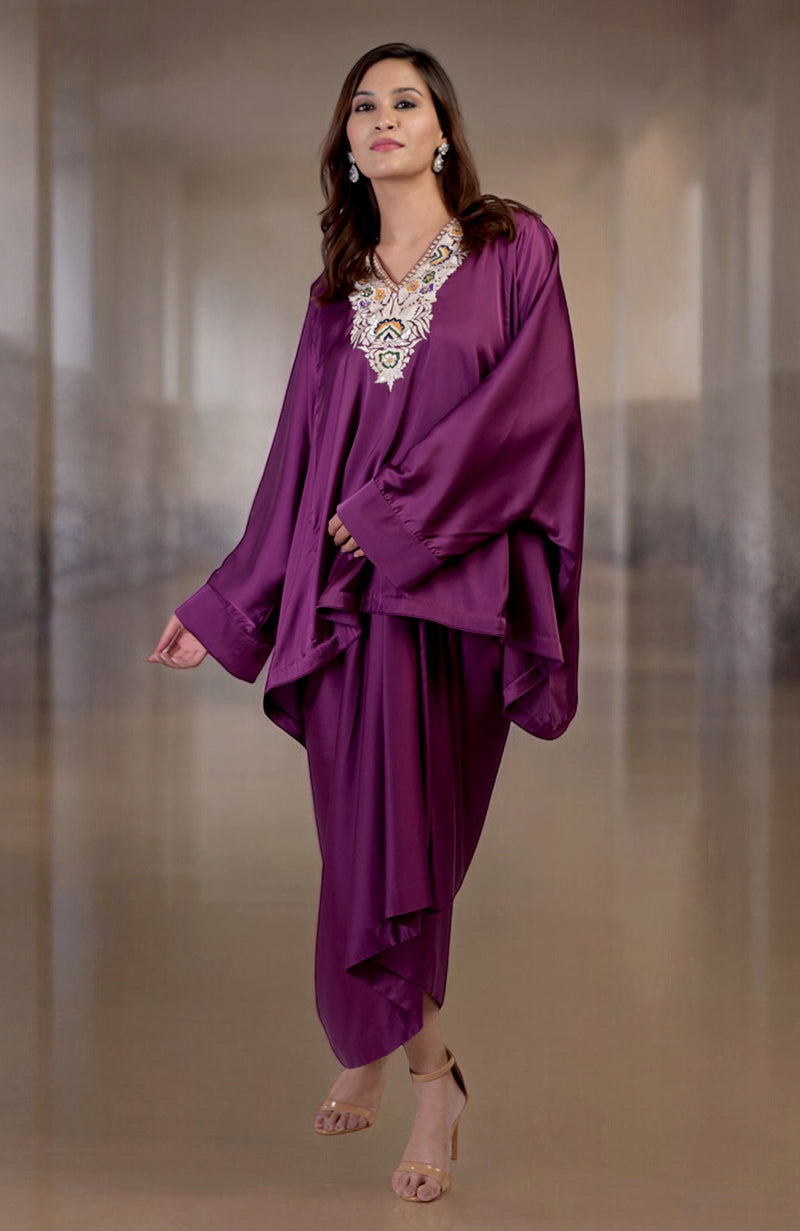 Plum Parsi Gara Embroidered Draped Skirt Set