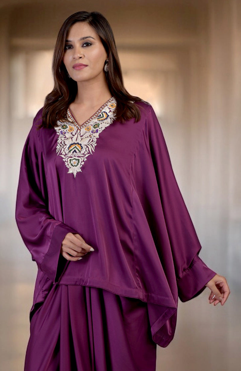 Plum Parsi Gara Embroidered Draped Skirt Set