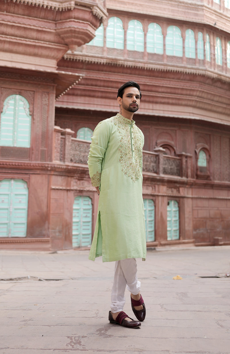 Pista Green Embroidered  Kurta Set