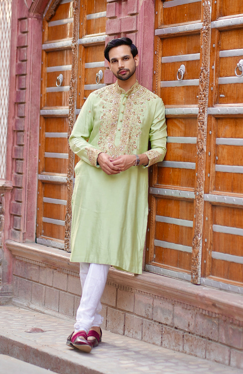 Pista Green Embroidered  Kurta Set