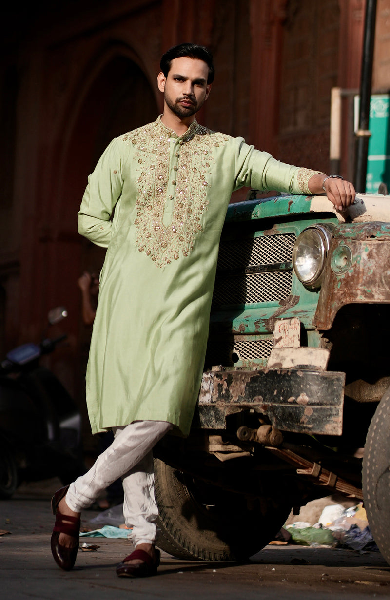 Pista Green Embroidered  Kurta Set