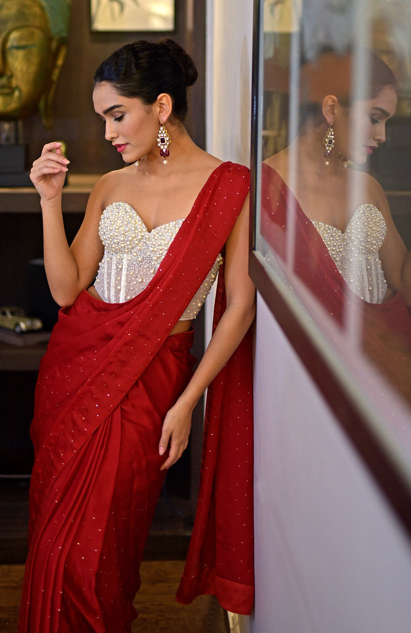 Divinity White Hand Embroidered Corset Saree Set
