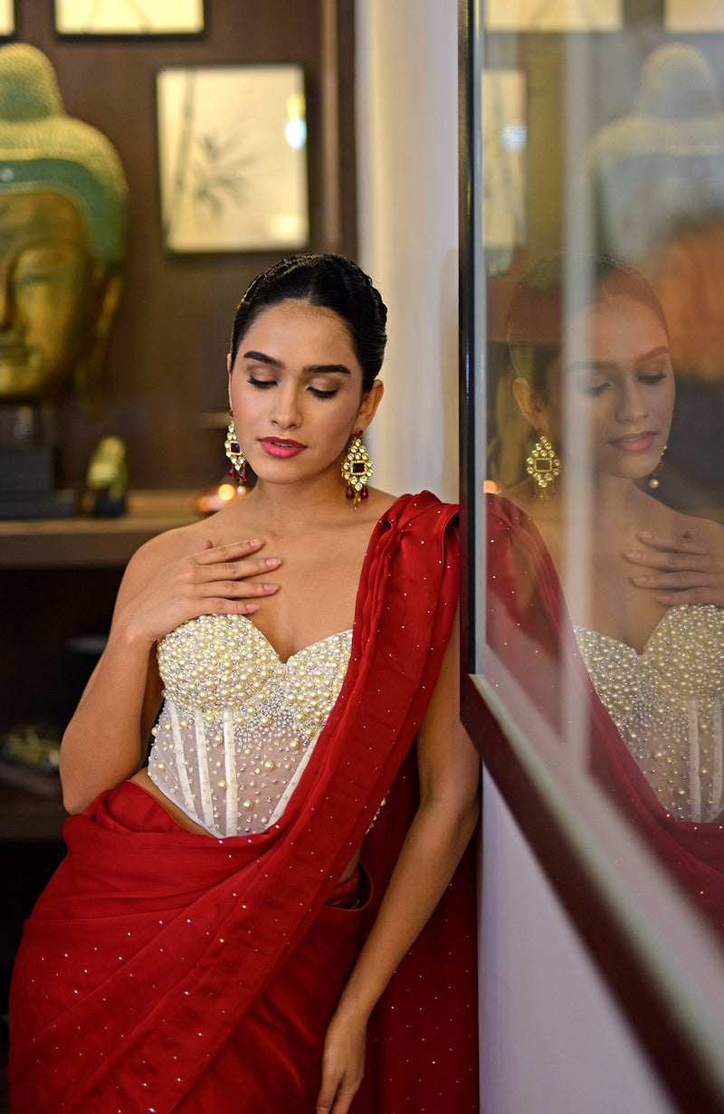 Divinity White Hand Embroidered Corset Saree Set