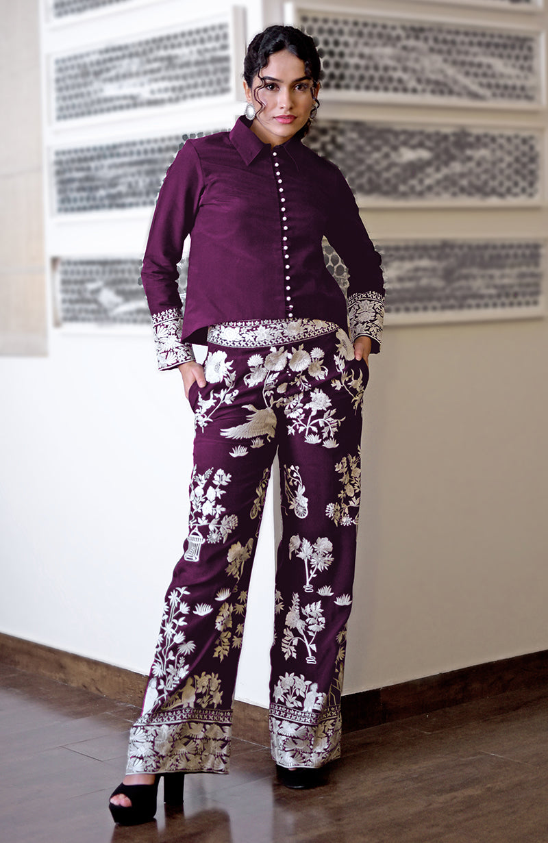 Plum Parsi Gara Embroidered Co-Ord Set
