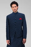 Navy Blue Chikankari Embellished Bandhgala Jacket Set