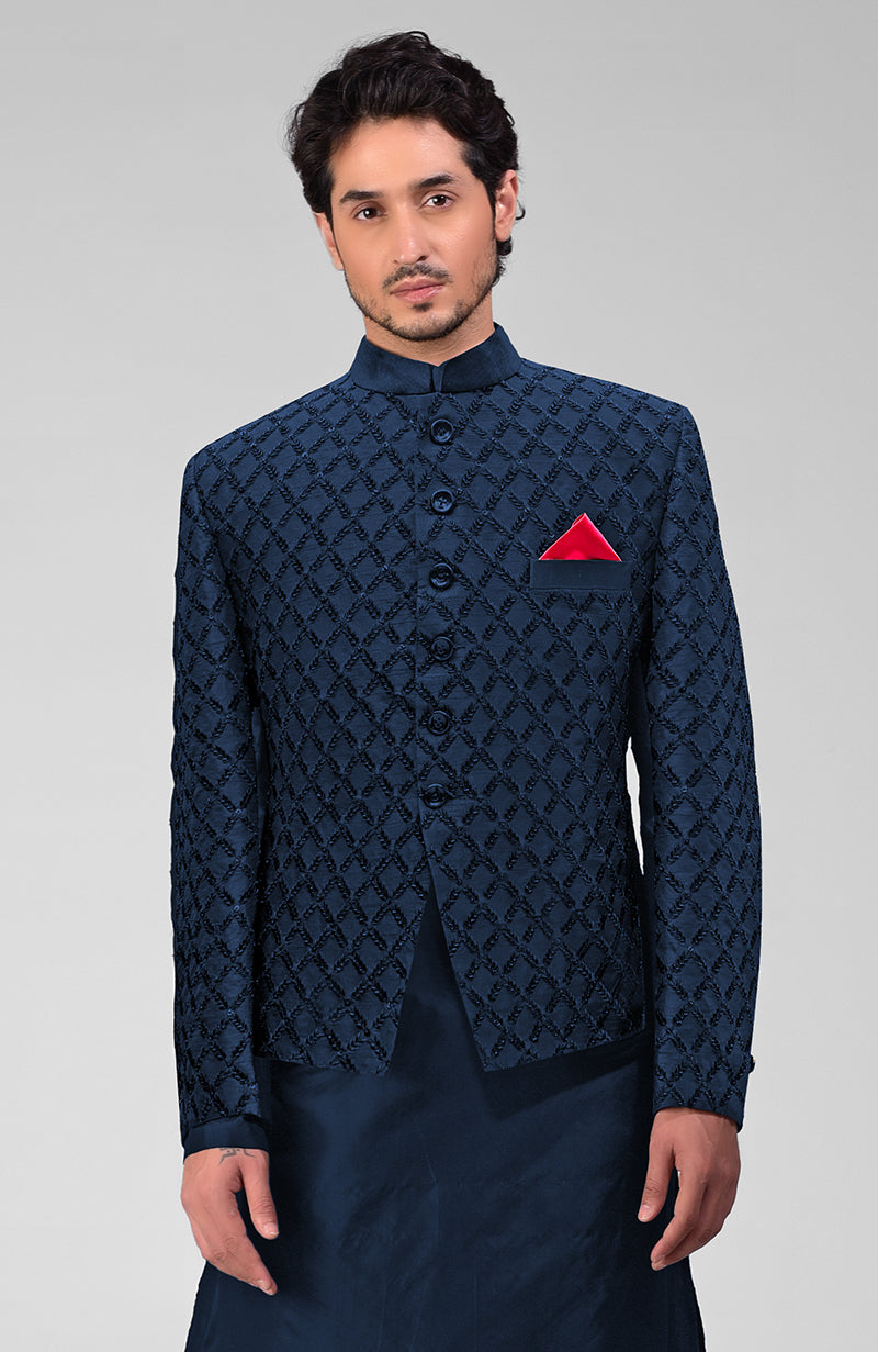 Navy Blue Chikankari Embellished Bandhgala Jacket Set