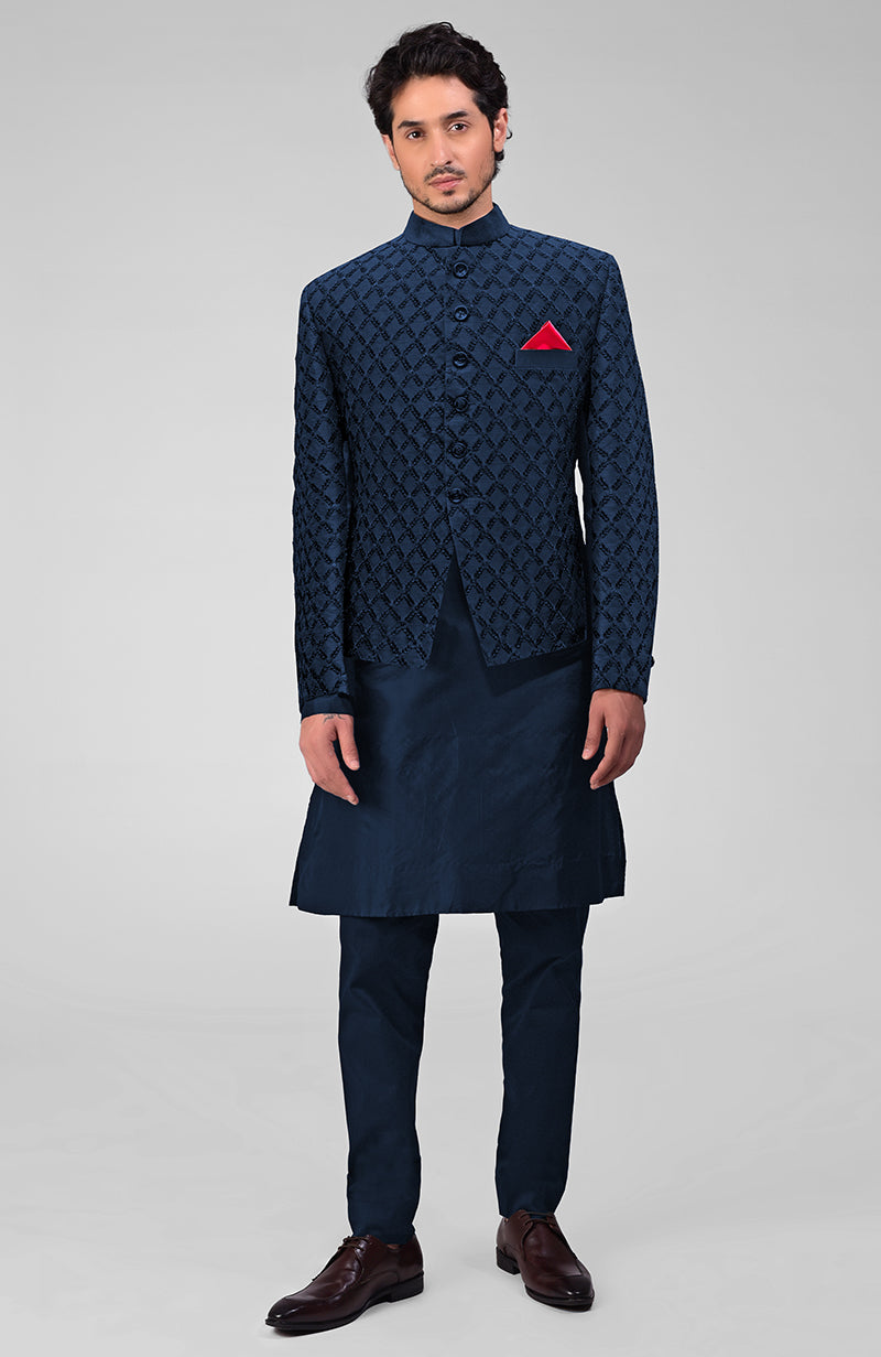 Navy Blue Chikankari Embellished Bandhgala Jacket Set