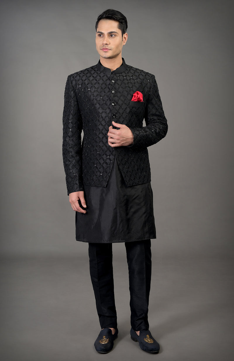 Maroon Chikankari Embellished Bandhgala Jacket Set
