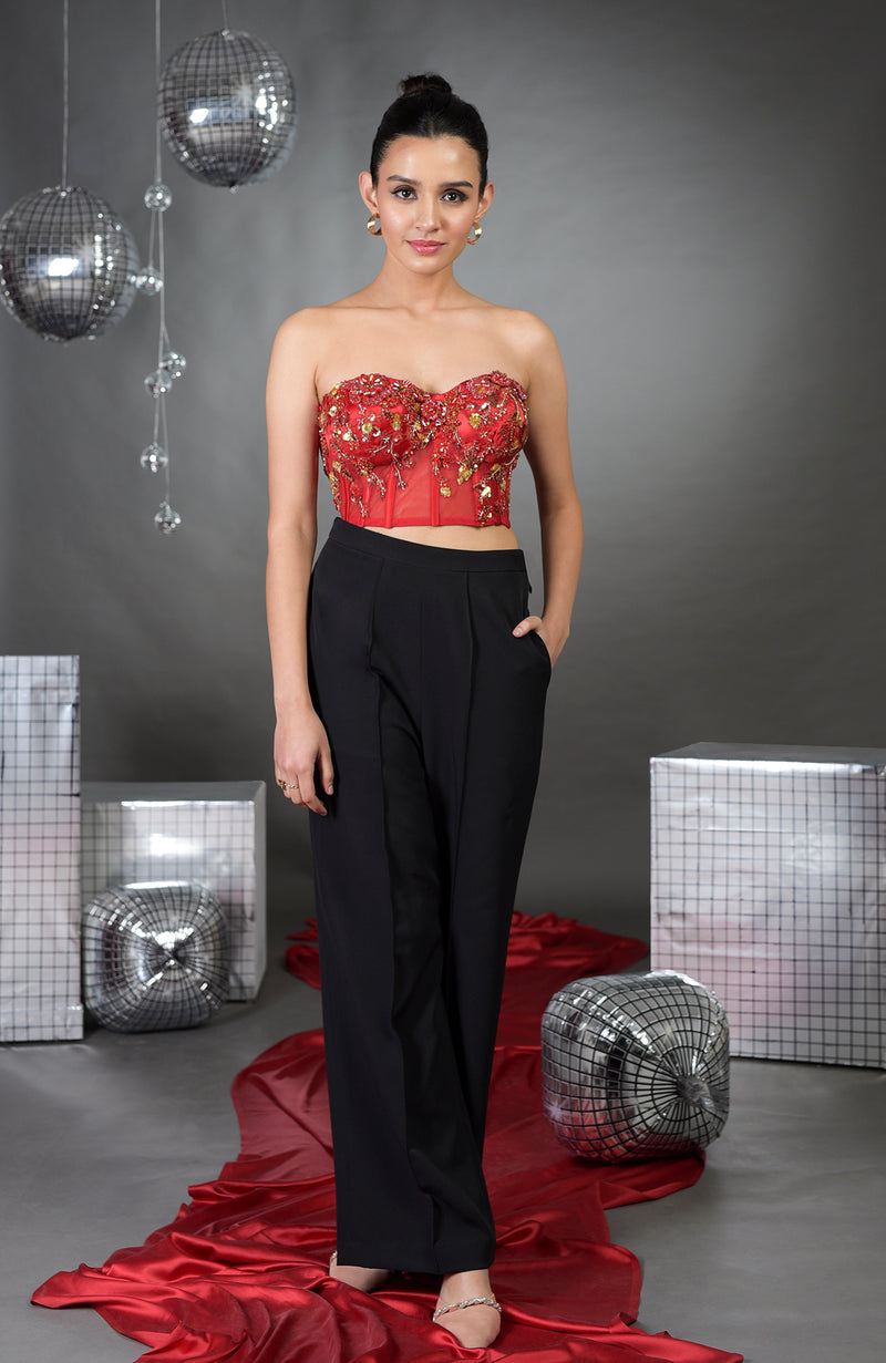 Madonna Pure Satin Floral Hand Embroidered Corset with Pants