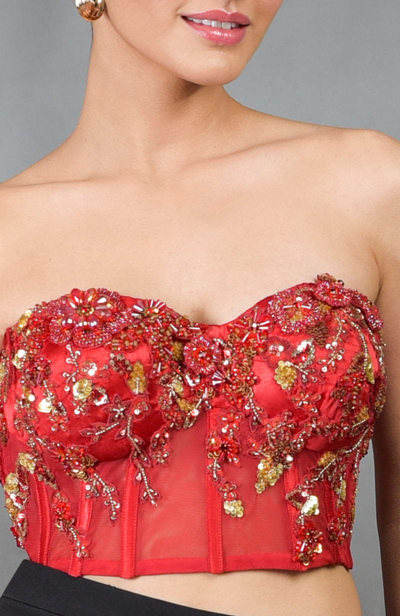 Madonna Pure Satin Floral Hand Embroidered Corset with Pants