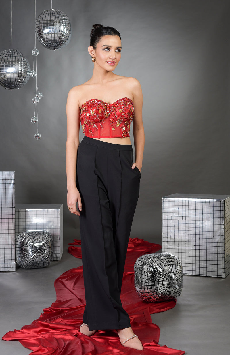 Madonna Pure Satin Floral Hand Embroidered Corset with Pants