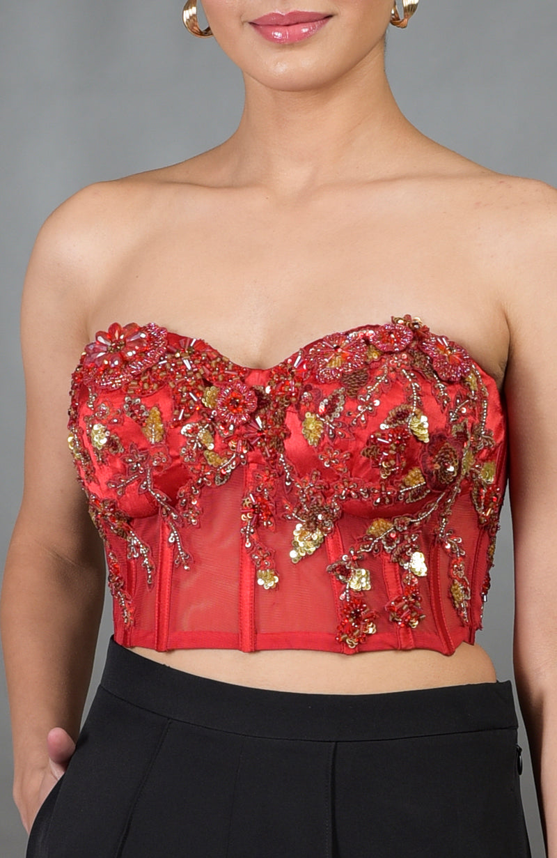 Madonna Pure Satin Floral Hand Embroidered Corset with Pants