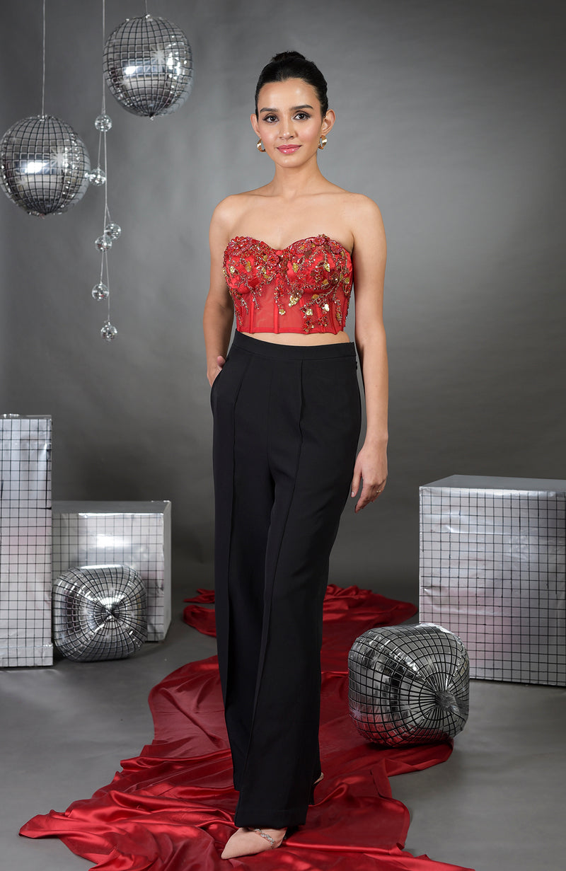 Madonna Pure Satin Floral Hand Embroidered Corset with Pants