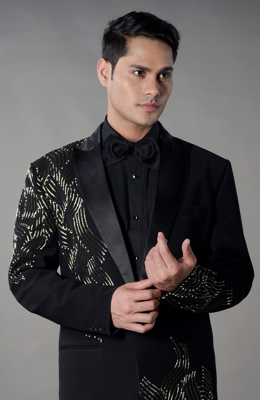 Embroidered Japanese Satin Tuxedo Set - Cut Beads & Swarovski
