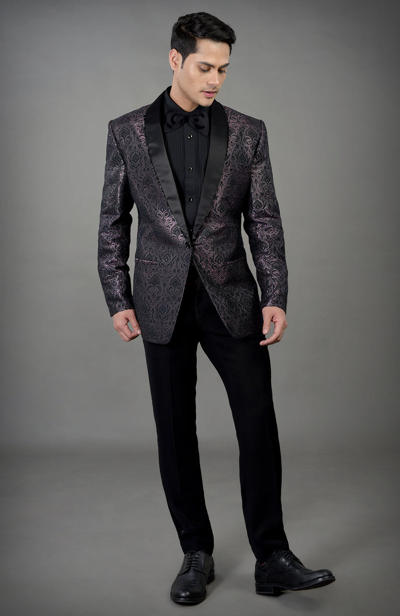 Black Woven Brocade Tuxedo Set