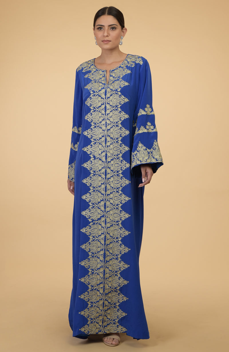 Cobalt Blue- Gold Kashmir Embroidered Kaftan