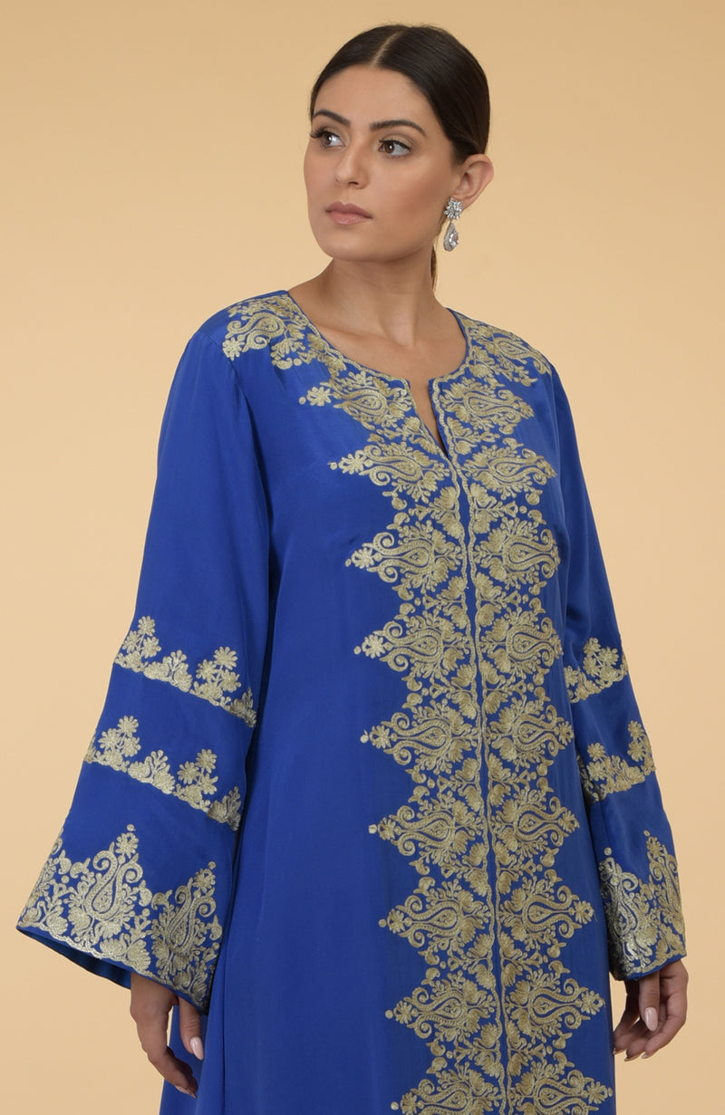 Cobalt Blue- Gold Kashmir Embroidered Kaftan