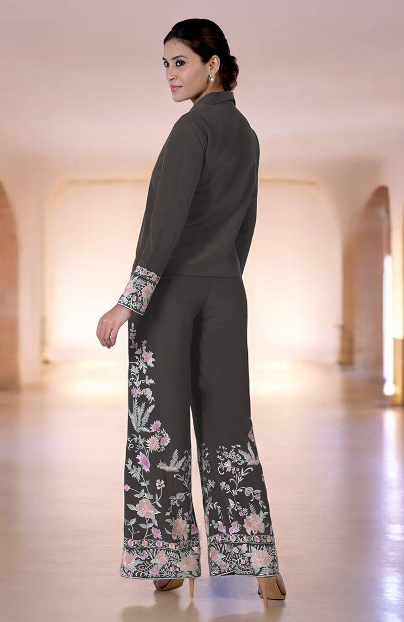 Charcoal Grey Parsi Gara Embroidered Co-Ord Set