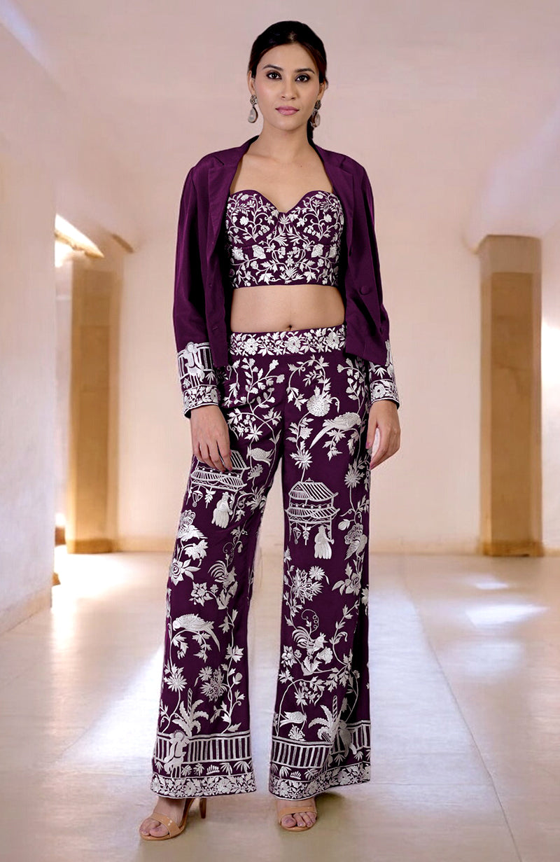 Plum Parsi Gara Embroidered Co-Ord Set