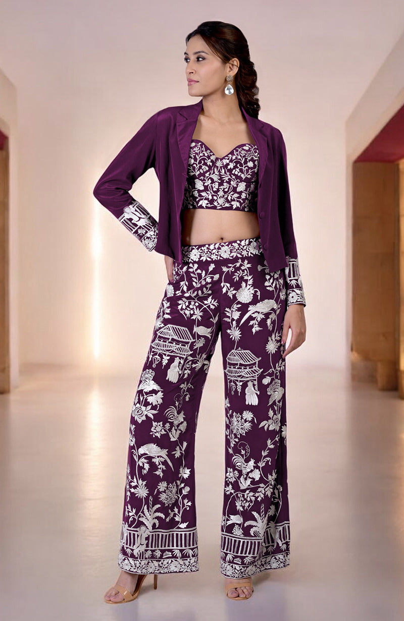 Plum Parsi Gara Embroidered Co-Ord Set
