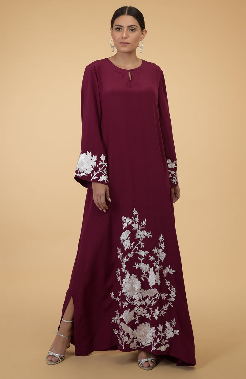 Burgundy- Ivory Floral & Birds Embroidered Kaftan