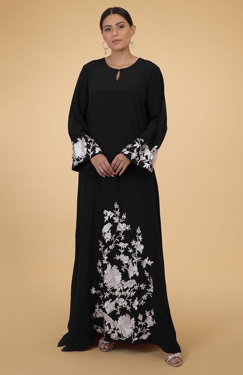 Muted Mustard Floral & Birds Embroidered Kaftan