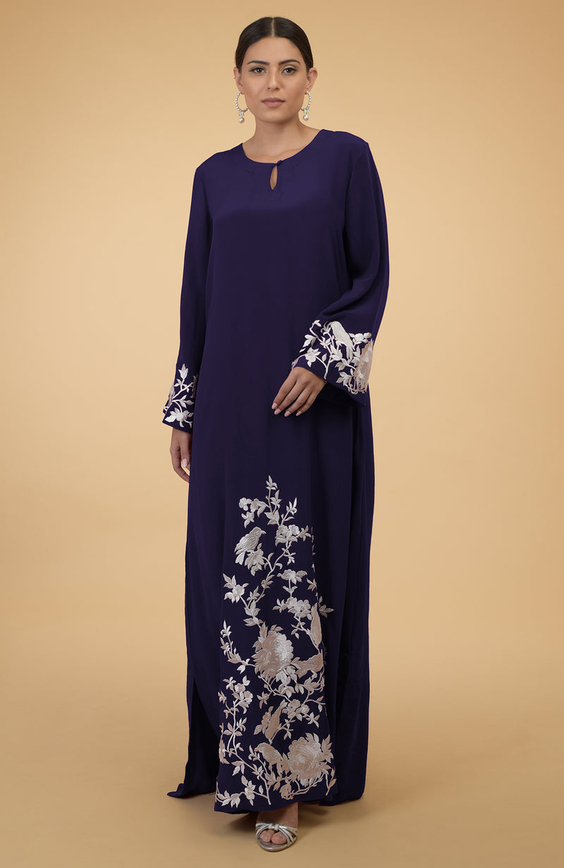 Muted Mustard Floral & Birds Embroidered Kaftan