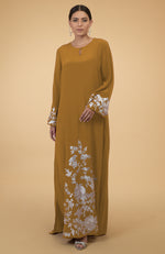 Muted Mustard Floral & Birds Embroidered Kaftan