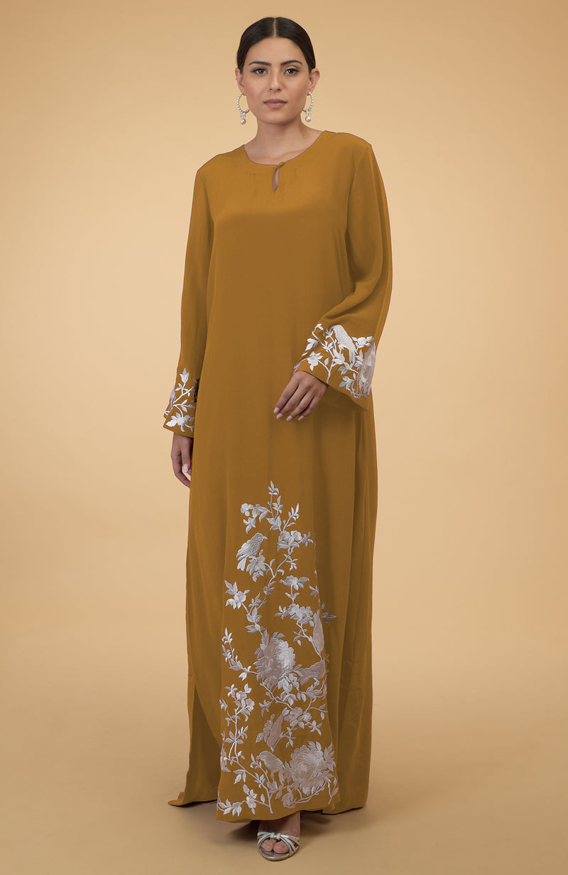 Muted Mustard Floral & Birds Embroidered Kaftan