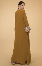 Muted Mustard Floral & Birds Embroidered Kaftan