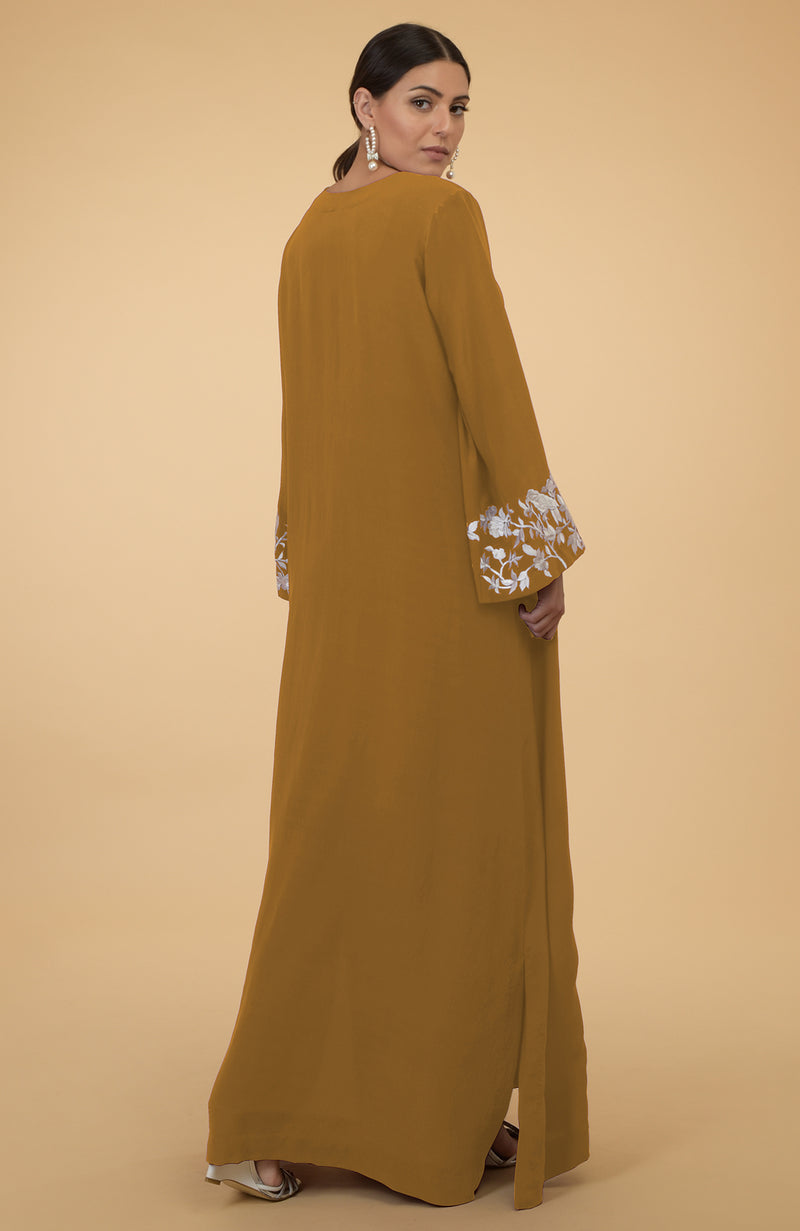 Muted Mustard Floral & Birds Embroidered Kaftan