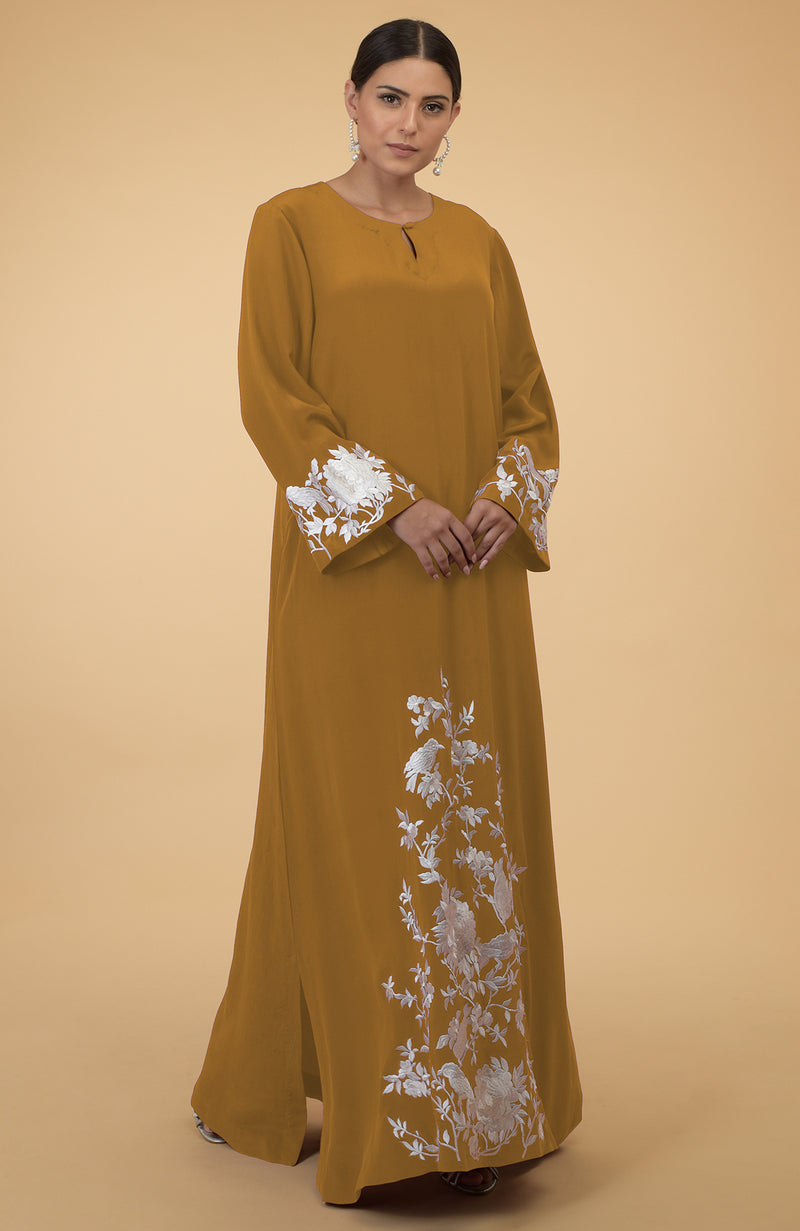 Muted Mustard Floral & Birds Embroidered Kaftan