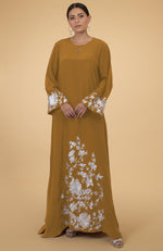 Muted Mustard Floral & Birds Embroidered Kaftan