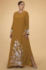 Muted Mustard Floral & Birds Embroidered Kaftan